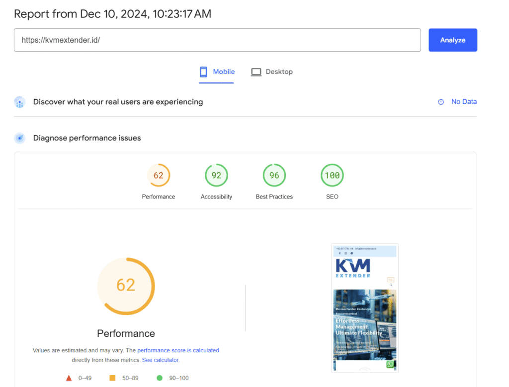 Performa Google PageSpeed Insight KVM Setelah Diberikan Optimasi