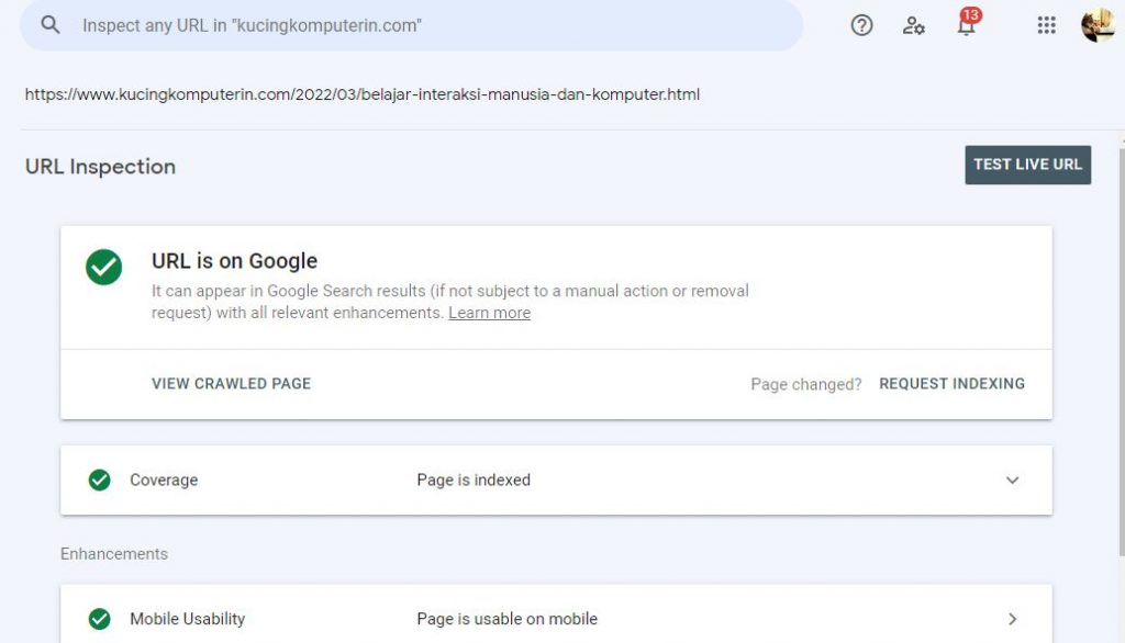 Hasil Google Search Console