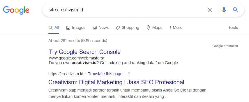 Website Creativism sudah Terindeks Google