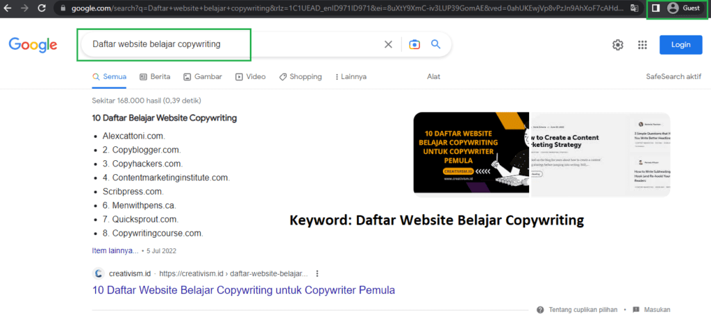 Keyword Daftar Website Belajar Copywriting