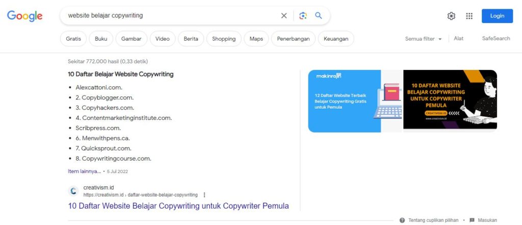 Keyword Website Belajar Copywriting