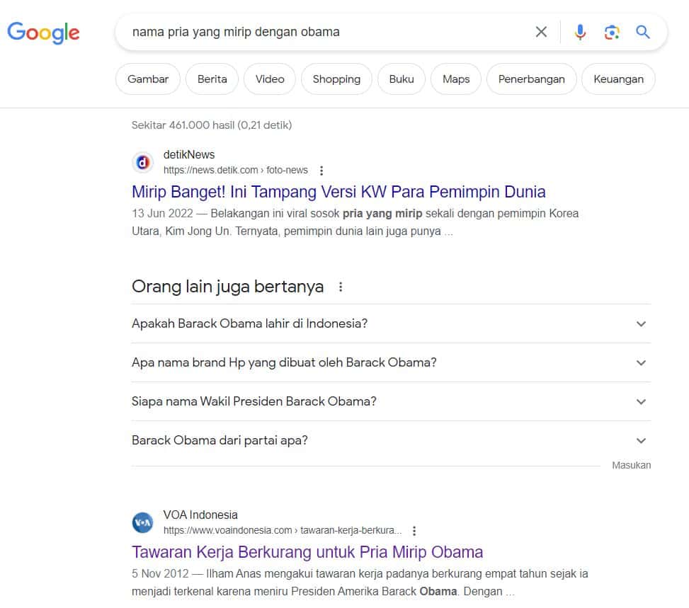 SERP Queri Nama Pria yang Mirip dengan Obama
