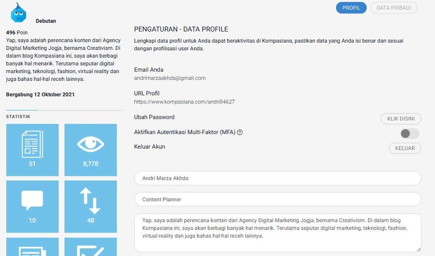Cara Menjalankan SEO di Kompasiana. 1. Isi Profil dan Data Pribadi Lengkap di Kompasiana