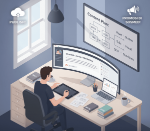 Ilustrasi traffic website menunjukkan berbagai sumber pengunjung seperti organic, paid, social, referral, dan direct traffic menuju sebuah website bisnis.